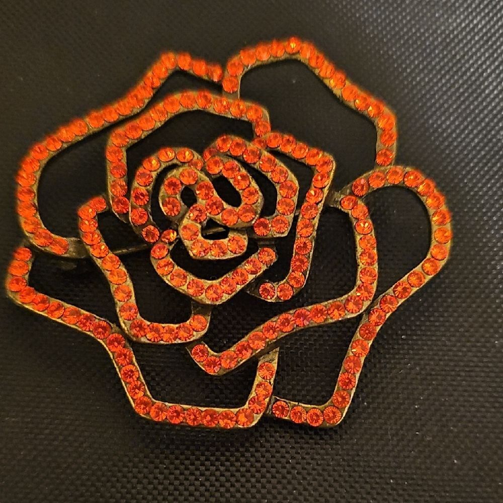 Vintage Abstract  Rose Red Crystal Rhinestone Flower Brooch Unsigned